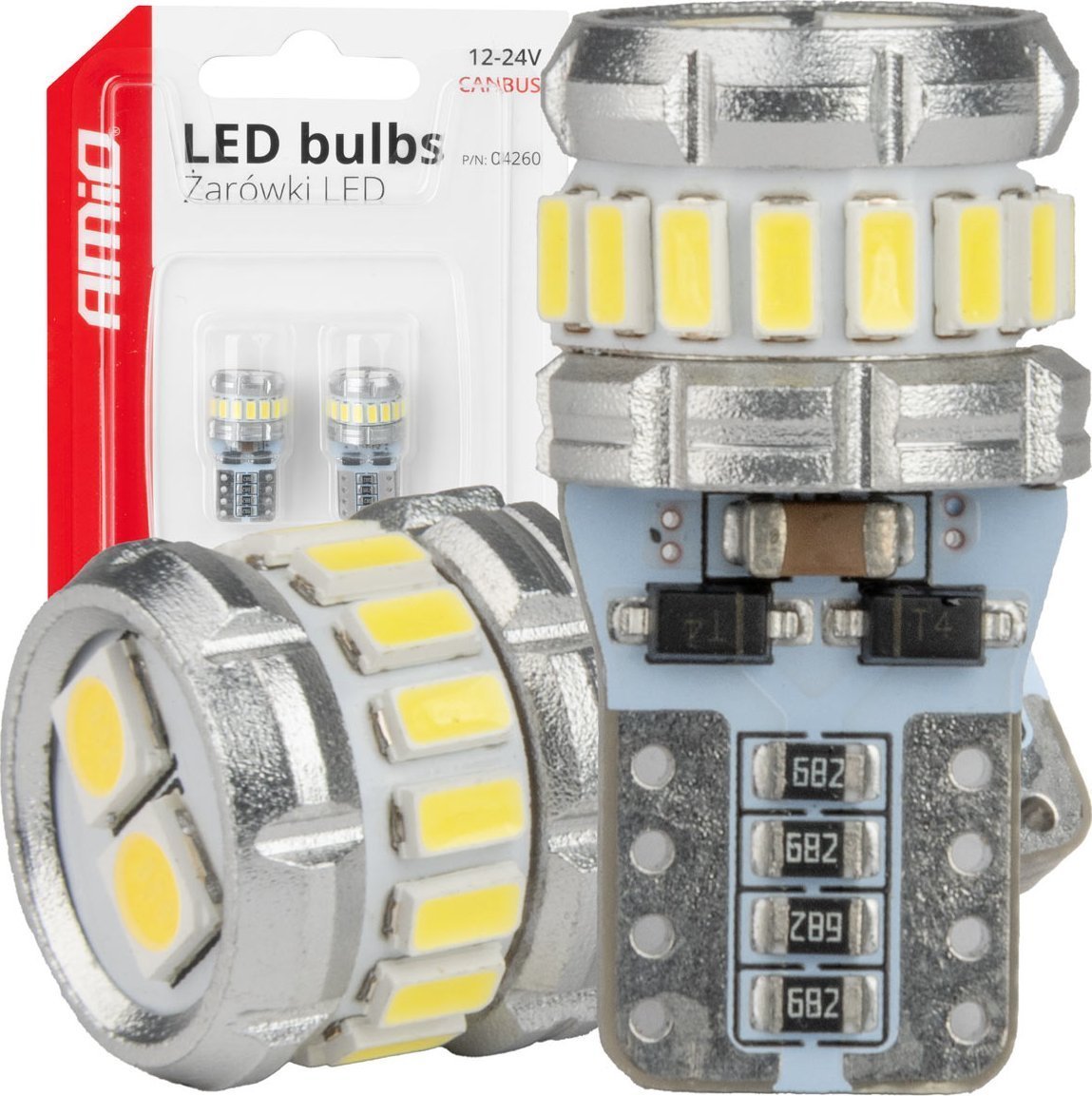 Żarówki led canbus t10 w5w 16smd 2smd 3014 3030 white 12v 24v amio-04260