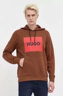 Bluzy męskie - HUGO bluza bawełniana męska kolor brązowy z kapturem z nadrukiem - Hugo - grafika 1