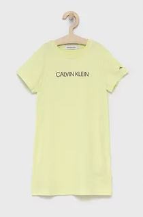 Sukienki - Calvin Klein Jeans Jeans sukienka bawełniana dziecięca kolor zielony midi prosta - grafika 1