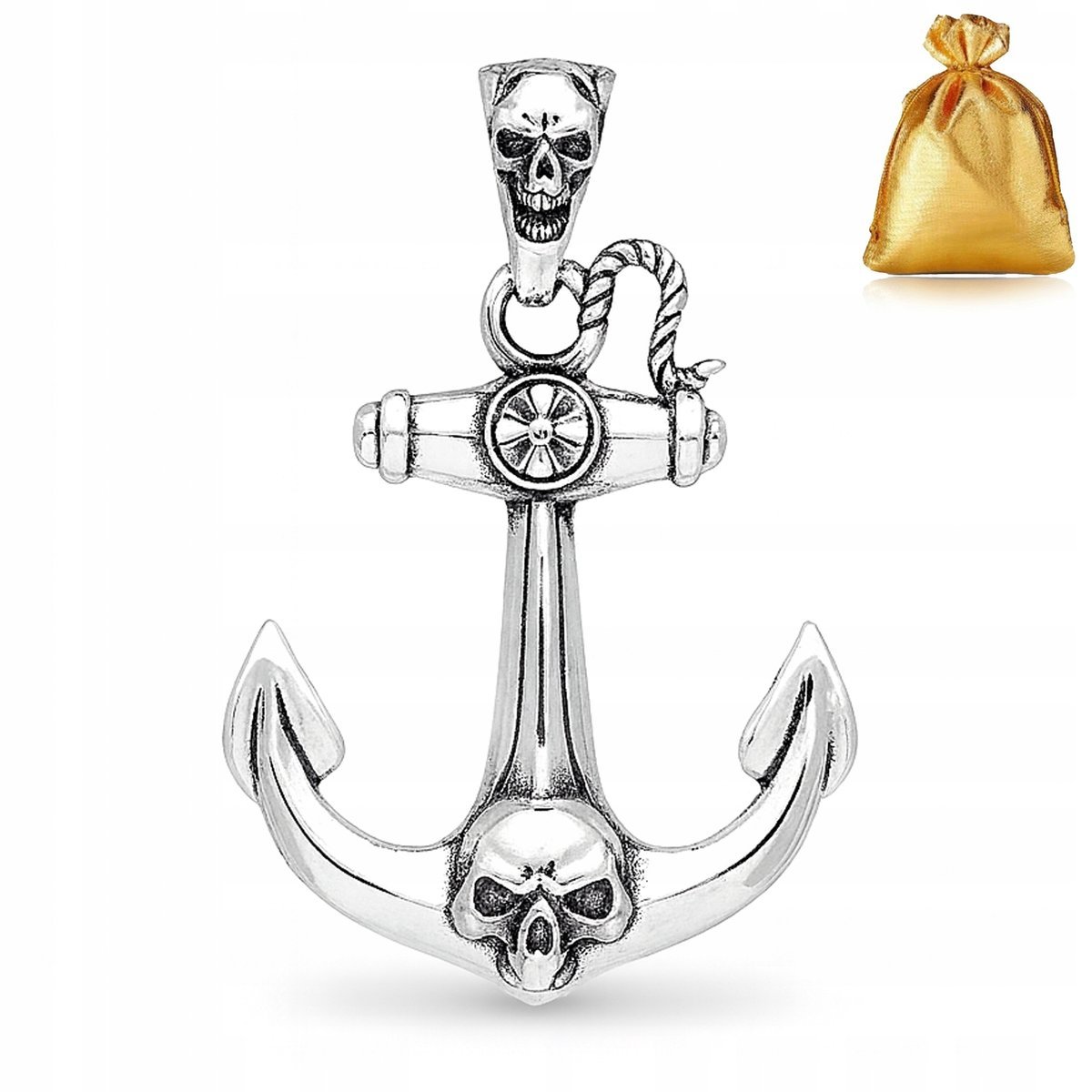 DUŻA ZAWIESZKA SREBRNA MĘSKA PRÓBA 925 KOTWICA Z CZASZKĄ SREBRO OKSYDOWANE