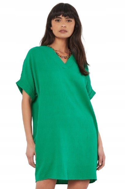 Apricot Zielona Sukienka Bawełniana z Dekoltem w Serek Boho S Kwa