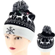 Czapki damskie - ZIMOWA CZAPKA Z POMPONEM DIODY LED ŚWIECĄCA CZRNO BIAŁA - miniaturka - grafika 1