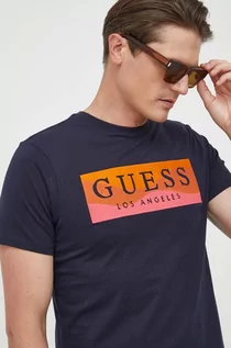 Koszulki męskie - Guess t-shirt bawełniany kolor granatowy wzorzysty - grafika 1