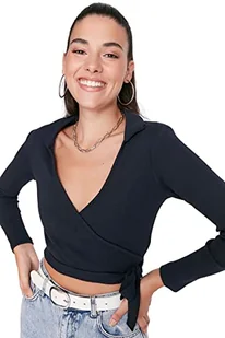 Trendyol Damska damska dopasowana dwurzędowa dzianinowa bluzka, granatowy, XL, granatowy, XL - Bluzki damskie - miniaturka - grafika 1