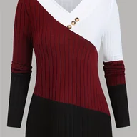 Bluzki damskie - TEMU Damski Wiosenno-Jesienny Sweter z Dekoltem w Serek, Długi Rękaw, Kolorowe Bloki, Luźny, Oddychający, Casualowy Top - miniaturka - grafika 1