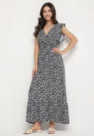 Sukienki - Granatowa Sukienka o Rozkloszowanym Kroju z Falbankami w Kwiatowy Wzór Aravisse - miniaturka - grafika 1