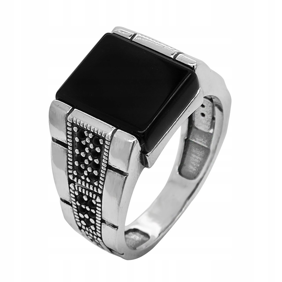 Pierścień Męski Srebrny 925 Sygnet z Czarnym Onyksem i Cyrkoniami r. 17