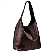 Plecaki worki - Torebka worek skórzana shopper brąz czekolada metaliczna - miniaturka - grafika 1