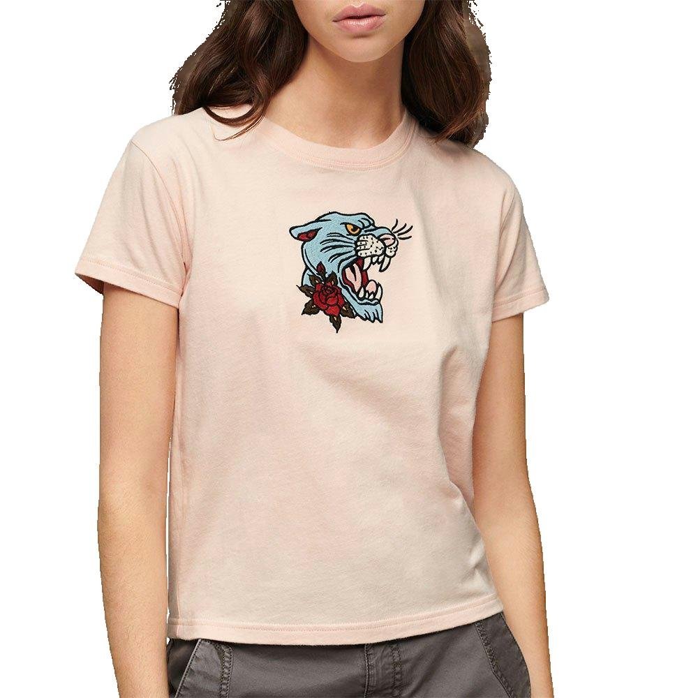 Damska dopasowana koszulka Superdry z haftem tatuażu w kolorze różowym