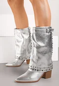 Kozaki damskie - Srebrne Kozaki Kowbojki na Słupku Ozdobione Klamrą Ćwiekami i Wywiniętą Cholewką Izavira - Renee - miniaturka - grafika 1