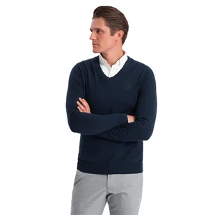 Sweter męski z dekoltem i kołnierzykiem granatowy V2 OM-SWSW-0102 S - Swetry męskie - miniaturka - grafika 1
