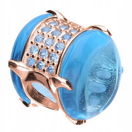 Charms Pozłacany Niebieski Kamień z Cyrkoniami Błękitny Gładki SREBRO 925