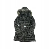 Płaszcze damskie - Czarny pikowany płaszcz damski z kapturem GUESS M - miniaturka - grafika 1