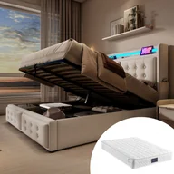 Łóżka - Łóżko tapicerowane 140x200 cm, łóżko dwuosobowe, hydrauliczne z drewnianym stelażem i metalową ramą, beżowe, bawełniane (z materacem) - miniaturka - grafika 1