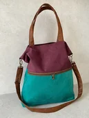 Torebki damskie - Duża torba z zapinaną kieszenią - oberżyna, zieleń, koniak - miniaturka - grafika 1