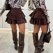 Spódnice - TEMU Spódnica Damska Wysoki Stan, Jednokolorowa z Falbanką, Modna i Uniwersalna z Elastycznym Pasem i Rozkloszowanym Dołem, Słodka i Urocza Spódnica - miniaturka - grafika 1