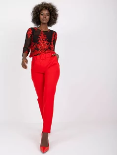 Spodnie damskie - Spodnie z materiału czerwony elegancki klasyczny chinosy nogawka prosta w kant kieszenie guziki suwak - grafika 1