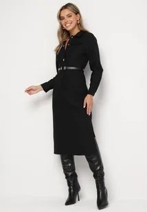 Czarna Sukienka o Koszulowym Kroju z Dodatkowym Paskiem i Rozcięciami u Dołu Arinnis - Sukienki - miniaturka - grafika 1