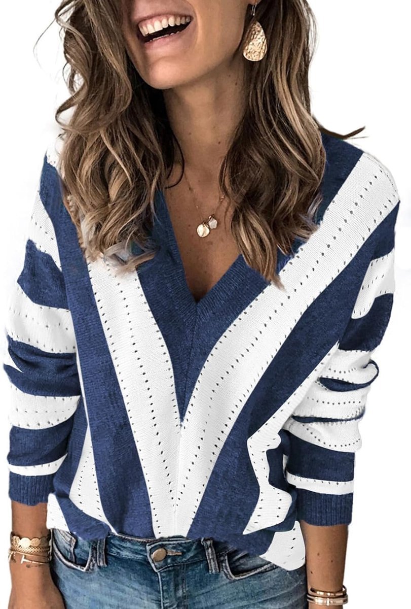 Damski Sweter Dzianinowy V-Neck Luźny Ciepły Elegancki Wygodny Niebieski L