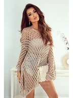 Swetry damskie - ASYMETRYCZNA NARZUTKA AŻUROWA EVA POLSKI PRODUCENT J&K PREMIUM - CAPPUCINO MOKKA - miniaturka - grafika 1