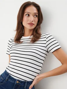Mohito - T-shirt w paski - biały - Koszulki i topy damskie - miniaturka - grafika 1