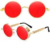 Okulary przeciwsłoneczne - OKULARY PRZECIWSŁONECZNE OKRĄGŁE PUNK RETRO LEONKI UV400 CZERWONO ZŁOTE - miniaturka - grafika 1
