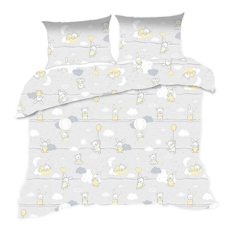Pościel bawełniana 110x140 misie zajączki szara żółta Kids z poszewką 40x60