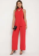 Kombinezony - Czerwony Kombinezon Bez Rękawów z Ozdobnym Wiązaniem i Szerokimi Nogawkami Silarine - miniaturka - grafika 1