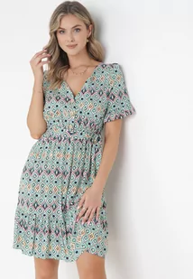 Zielona Wiskozowa Sukienka Mini z Gumką i Materiałowym Paskiem w Pasie Upshaw - Sukienki - miniaturka - grafika 1