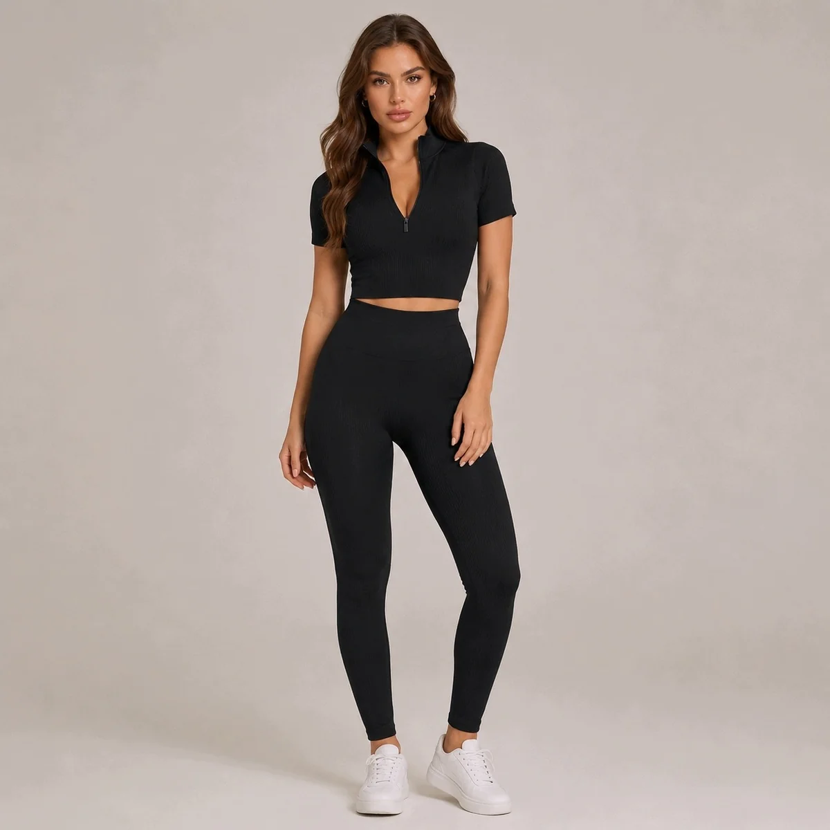 [r. M/L] Komplet damski sportowy top zip legginsy prążkowany czarny