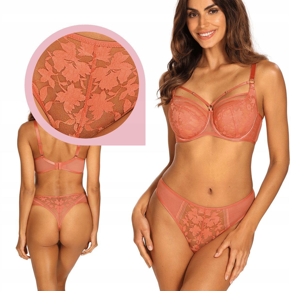 Ewa Bień ORLANDO C201 stringi koralowe kwiatowa koronka majtki - XL