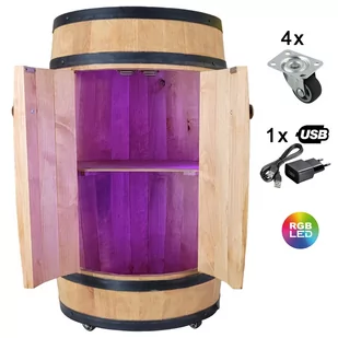 Drewniana Beczka Barek Z Drzwiami Usb Rgb 4 Kółka Jasny Dąb - Pozostałe akcesoria barmańskie - miniaturka - grafika 1