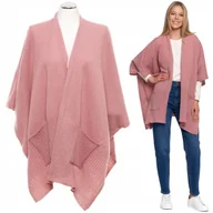 Swetry damskie - PONCZO DAMSKIE Z KIESZENIAMI STYLOWE MODNE KLASYCZNE JESIEŃ ZIMA MORAJ PINK - miniaturka - grafika 1