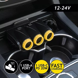 Dunlop - Ładowarka samochodowa USB-A + USB-C 20W PD / 3x rozdzielacz gniazda zapalniczki 12/24V (czarny) - Pozostałe akcesoria do telefonów - miniaturka - grafika 3