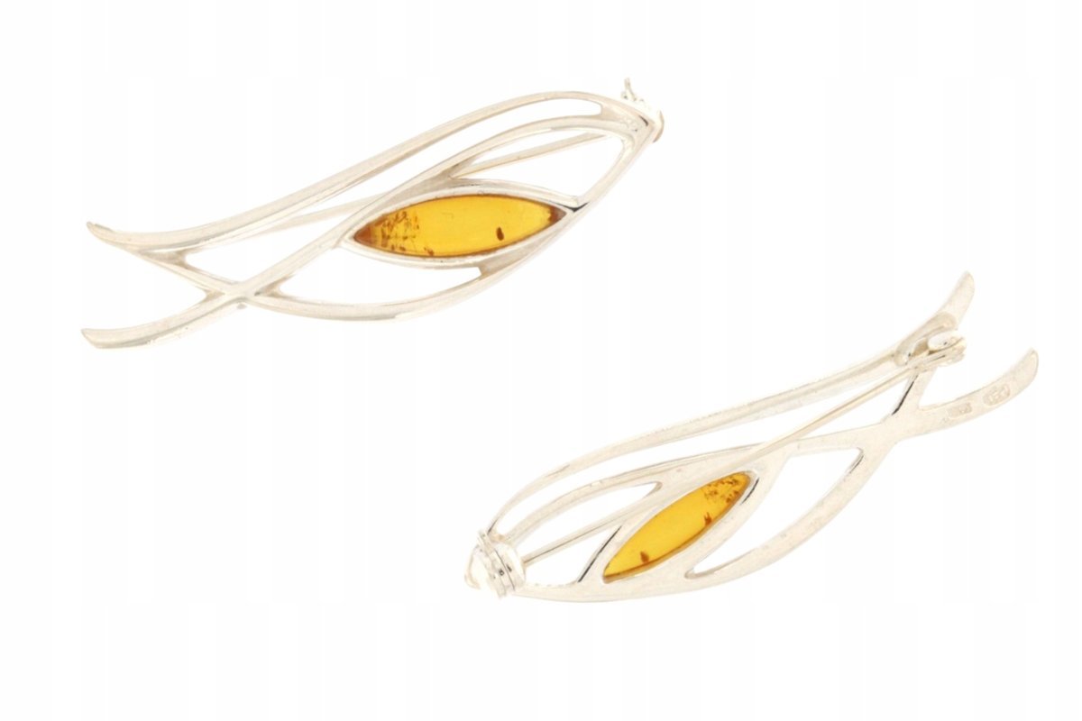 Broszka srebrna 925 nowoczesna z bursztynem miodowym