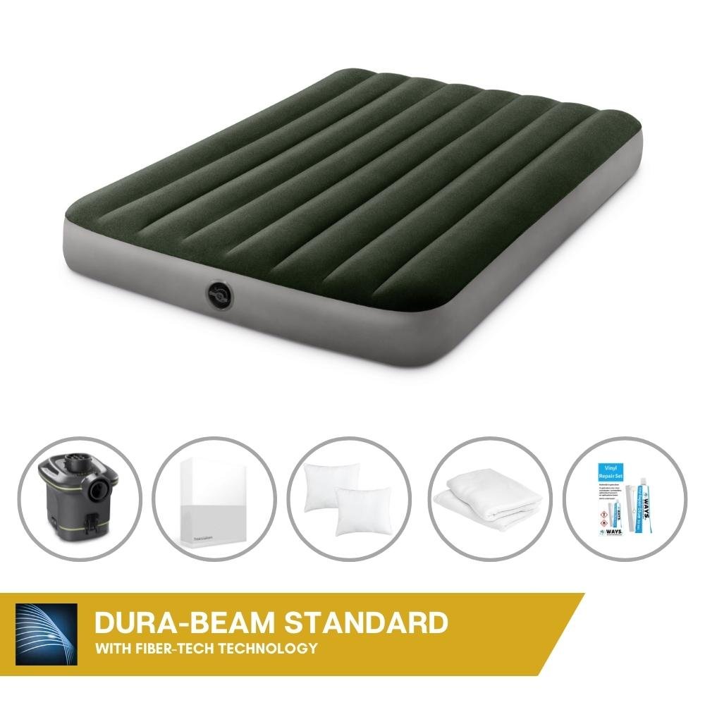 Dmuchane łóżko Intex - 2 osoby - 137 x 191 x 25 cm - Zielony - Z pompką + prześcieradło białe + poduszka + poszewki Molton 2 w 1 + zestaw naprawczy