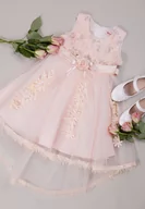 Sukienki i spódniczki dla dziewczynek - Jasnoróżowa Elegancka Sukienka z Wiązanym Paskiem i Motywem Róż z Tiulowym Dołem Adenie - miniaturka - grafika 1
