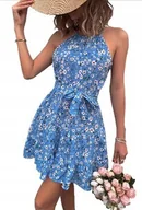 Sukienki i spódnice sportowe - Piękna damska sukienka mini modna w kwiaty niebieska blue wiązana XL - miniaturka - grafika 1