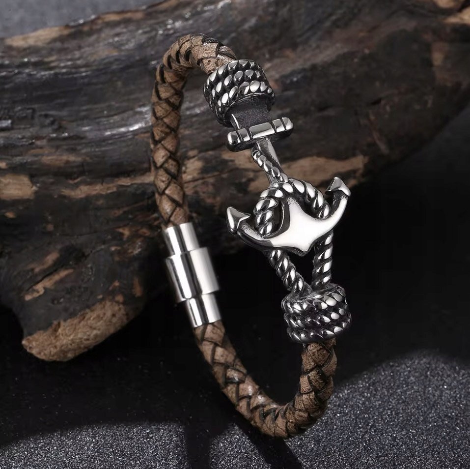 Bransoletka Kotwica Skórzana Stalowa Jasno Brązowa Mocne Zapięcie Magnes