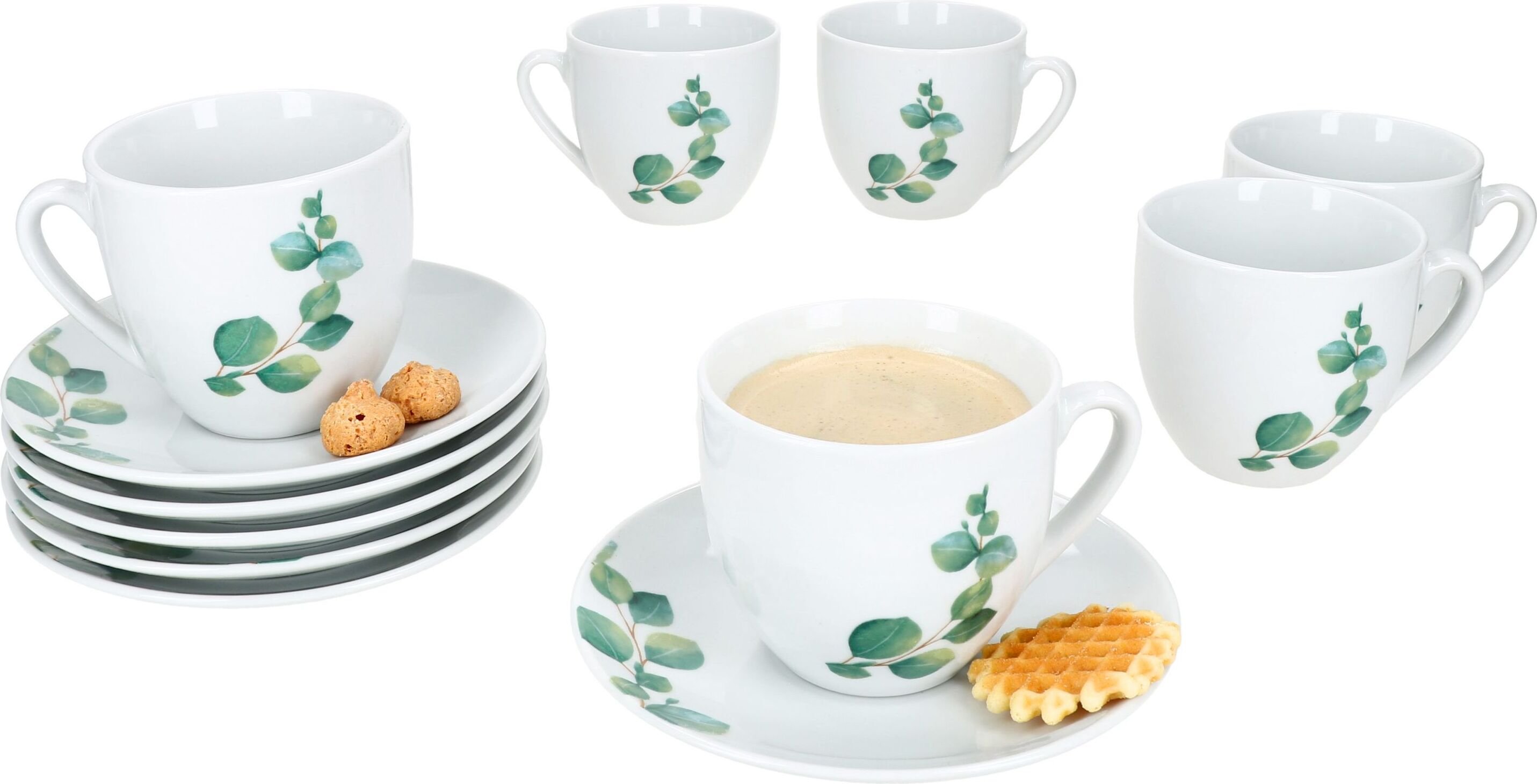 zestaw 6 eukaliptusowych filiżanek do kawy ze spodkami 6-osobowa porcelanowa herbata liściasta