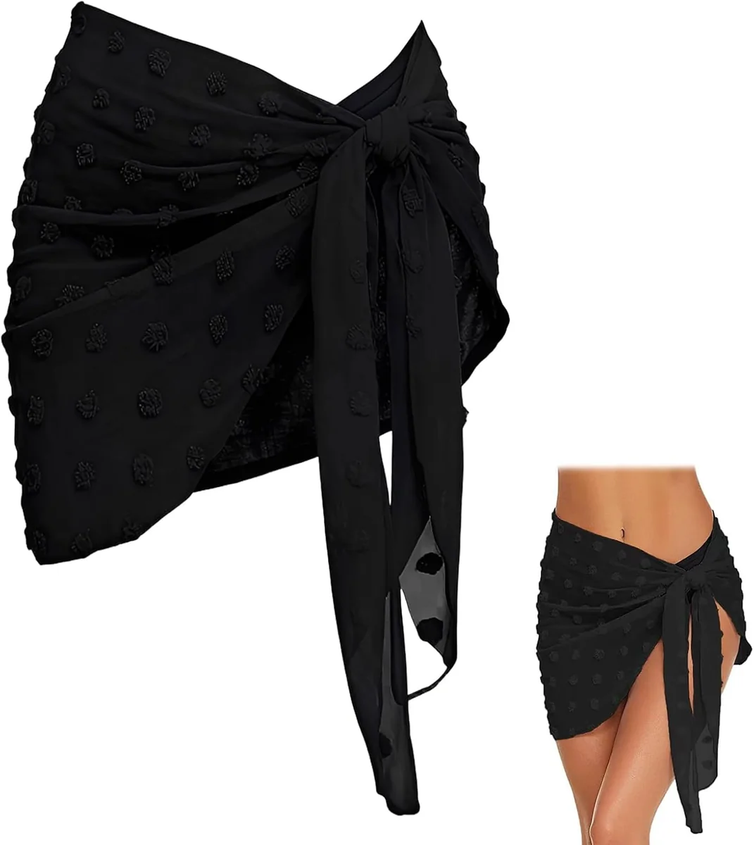 PAREO PLAŻOWE CZARNE SZYFONOWE DAMSKIE Z POMPONAMI 180X50CM SARONG