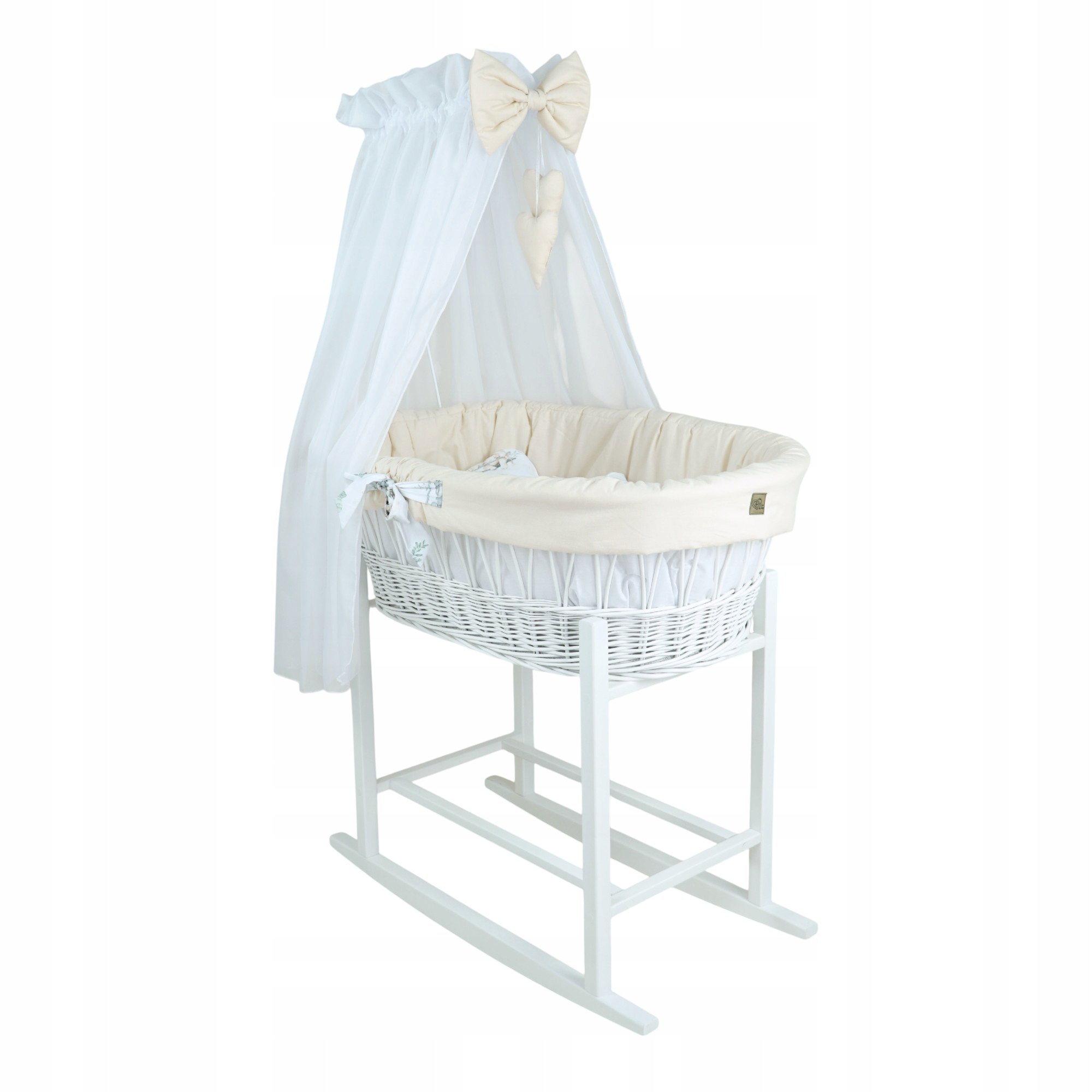 Wiklinowy kosz Mojżesza Oliwia biały z kołyską i pościelą kremową safari.