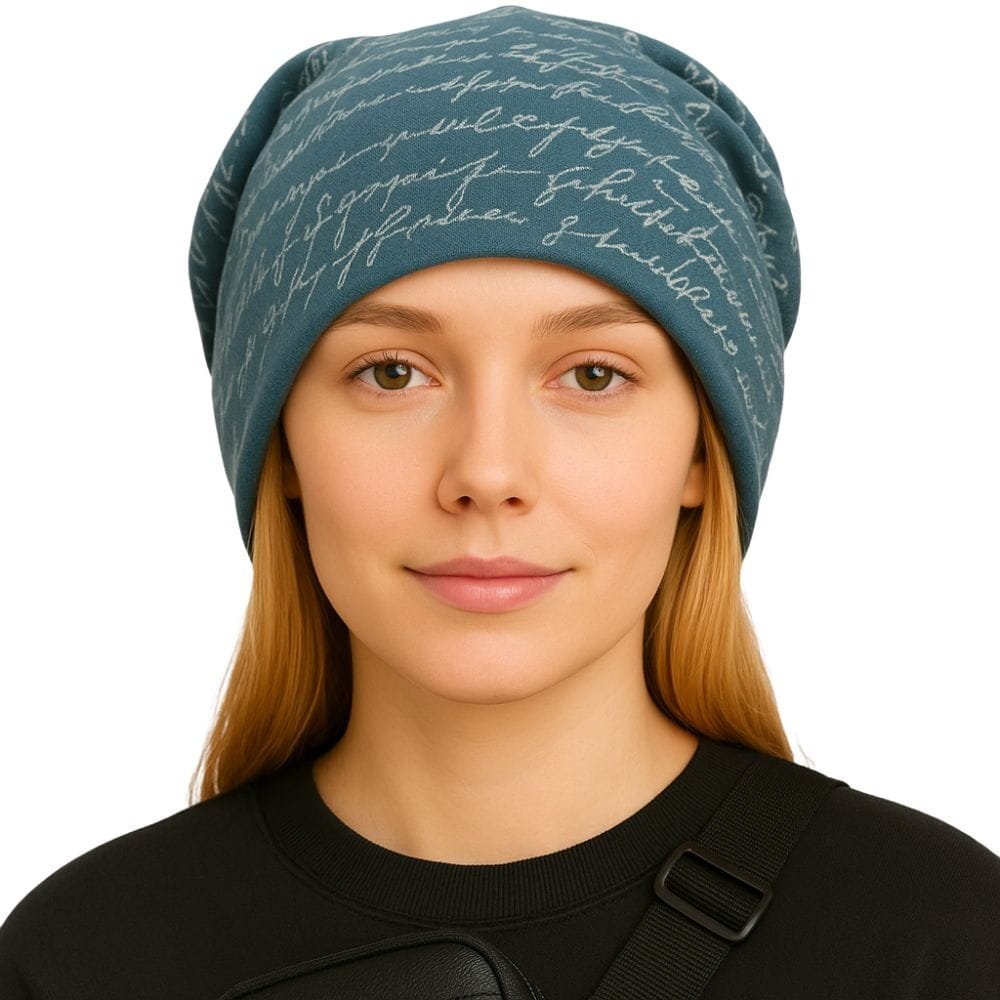 Czapka Damska Beanie Włoska Cienka Smerfetka Turkusowa Ciemna Z Napisami