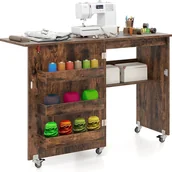 Biurka - Składany stół do szycia – 3 pojemniki i 1 półka do przechowywania – blokowane kółka do salonu, biura, pracowni, kolor brązowy rustykalny - miniaturka - grafika 1