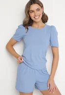 Koszulki i topy damskie - Niebieski Prążkowany T-shirt z Zakładkami przy Rękawach Kolanovia - miniaturka - grafika 1