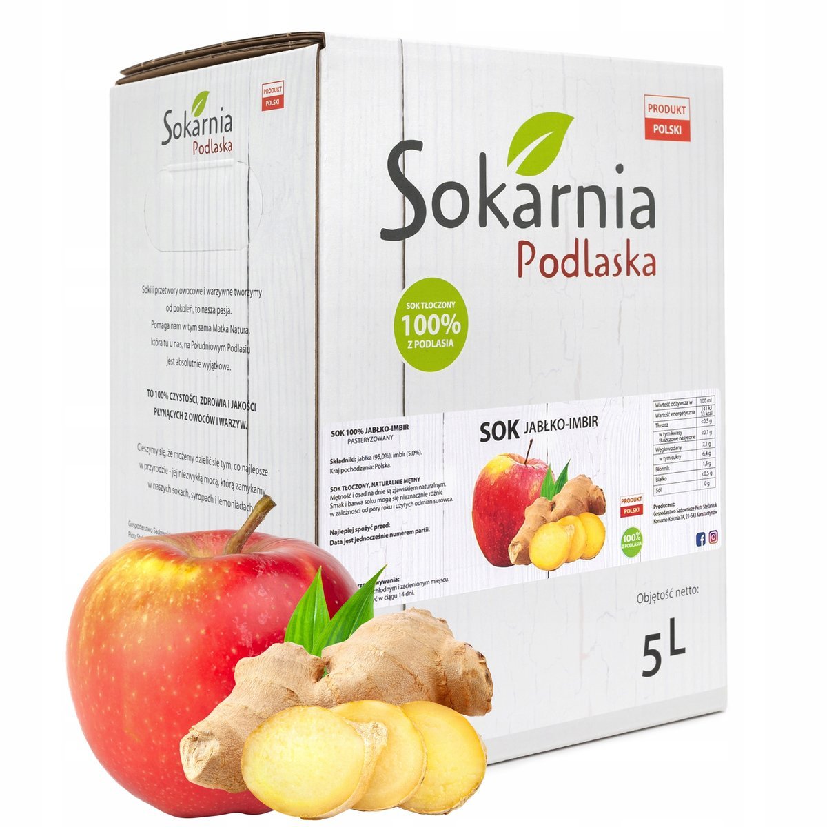 SOK JABŁKO IMBIR 5L Świeży Tłoczony Uzupełnienie Zbilansowanej Diety Zdrowy