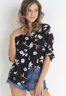 Koszule damskie - Czarna Koszula w Stylu Kimono w Kwiaty z Bawełny i Wiskozy Geraldina - miniaturka - grafika 1