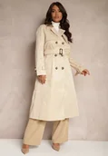 Płaszcze damskie - Jasnobeżowy Płaszcz w Stylu Trencza z Paskiem i Klamrą Sinthelle - miniaturka - grafika 1