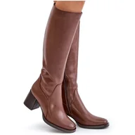 Kozaki damskie - Skórzane Kozaki Na Słupku Przed Kolano Ocieplane Sergio Leone KZ231-S Brązowe - miniaturka - grafika 1