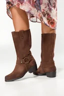 Kozaki damskie - Brązowe kozaki skórzane damskie Sergio Leone kowbojki przed kolano ozdobne paski z nitami KZ265-S-CA - miniaturka - grafika 1